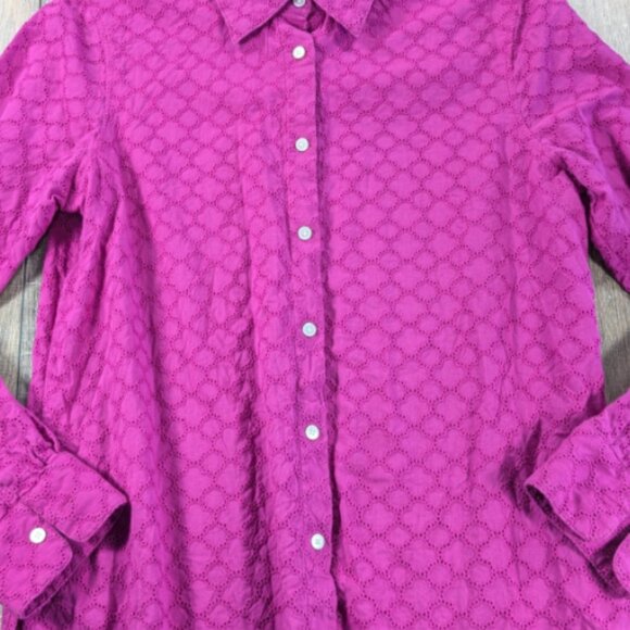 Talbots Top Womens Small Fuchsia Eyelet Button Up Long Sleeve Cotton Breathable - Picture 2 of 9